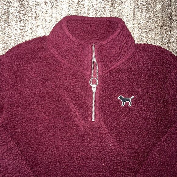 PINK Victoria Secret Furry Sherpa Fleece Pullover 1/4 Zip Sweatshirt in Maroon - Picture 5 of 6